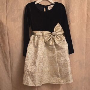 Black & Gold Velvet-Bodice & Brocade Party Dress with Bow